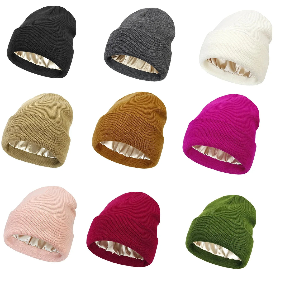Unisex LYVRA Satin Beanie Mütze in Schwarz und Karamell, von Paar getragen