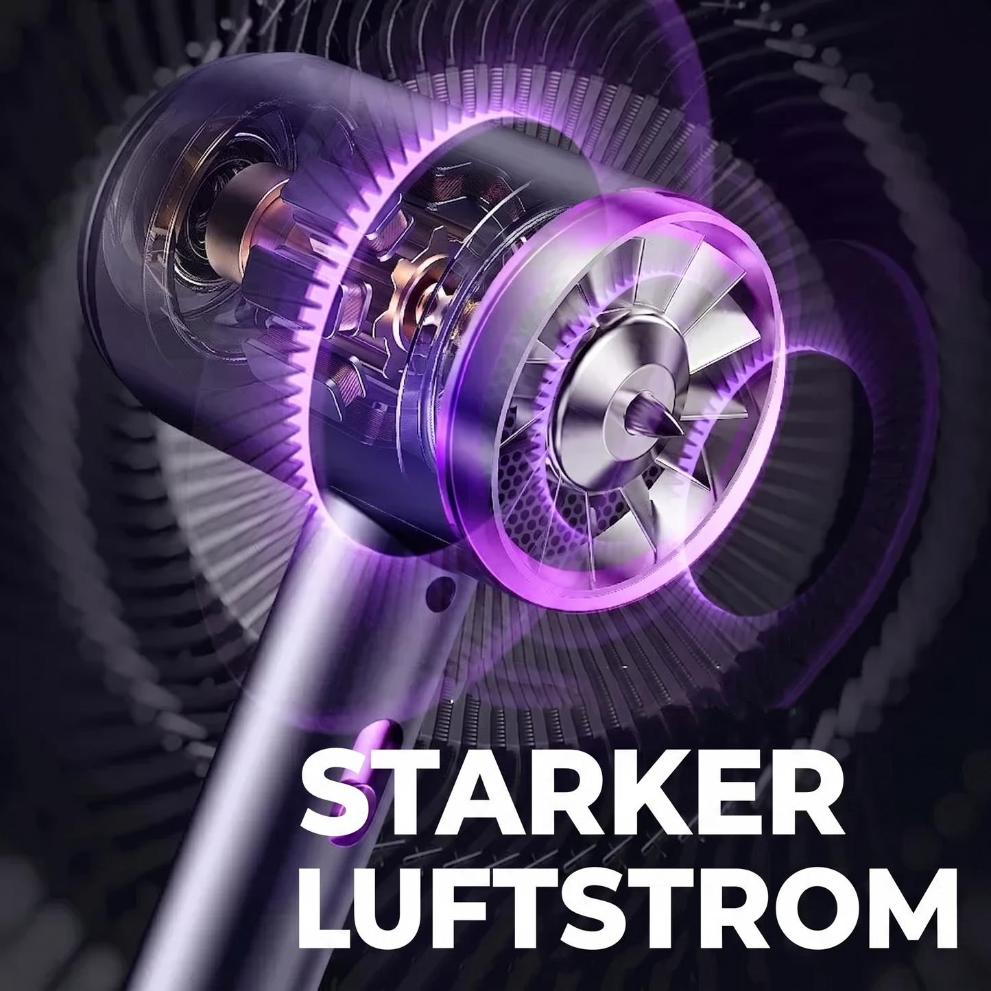 Datenblatt des elektrischen Haartrockners mit genauen Zentimeter-Maßen und integrierten Funktionen für die Haarpflege.