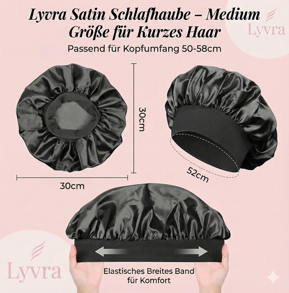Lyvra Satin Schlafhaube Medium Größenübersicht – Maße (30x30 cm) und Kopfumfang (50-58 cm) für kurzes Haar.