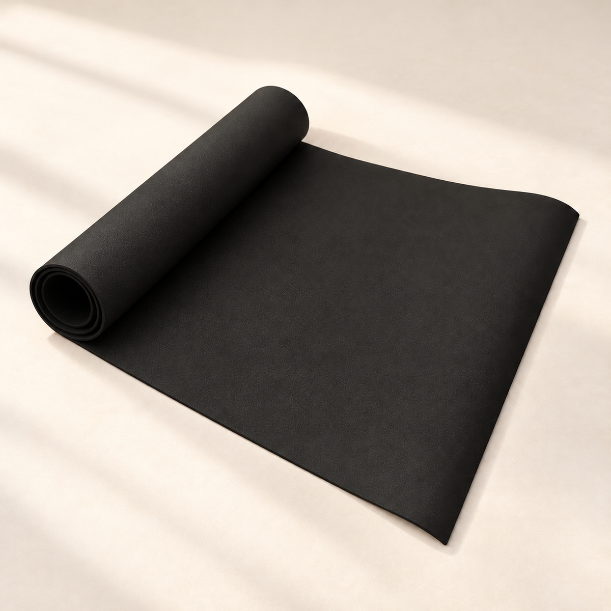 LYVRA Yogamatte in Schwarz – eine strukturierte Matte mit teilweise aufgerolltem Ende