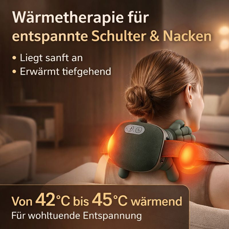 Detailansicht eines ergonomischen Nackenmassagegeräts mit strukturierter Oberfläche und passender Verpackung