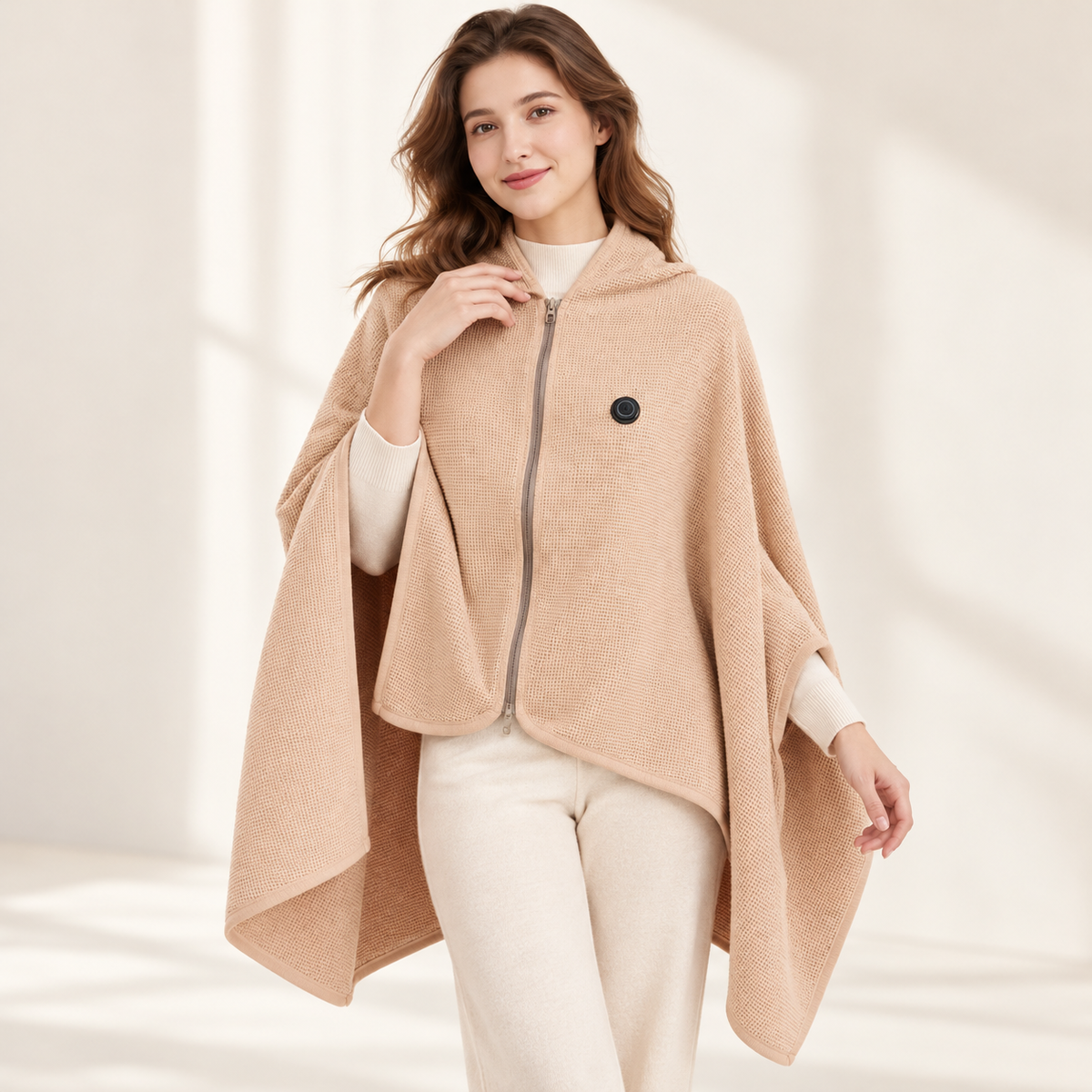 LYVRA WärmeNest™ in Beige – Poncho mit Waffelstruktur, Frontreißverschluss und rundem Heizknopf