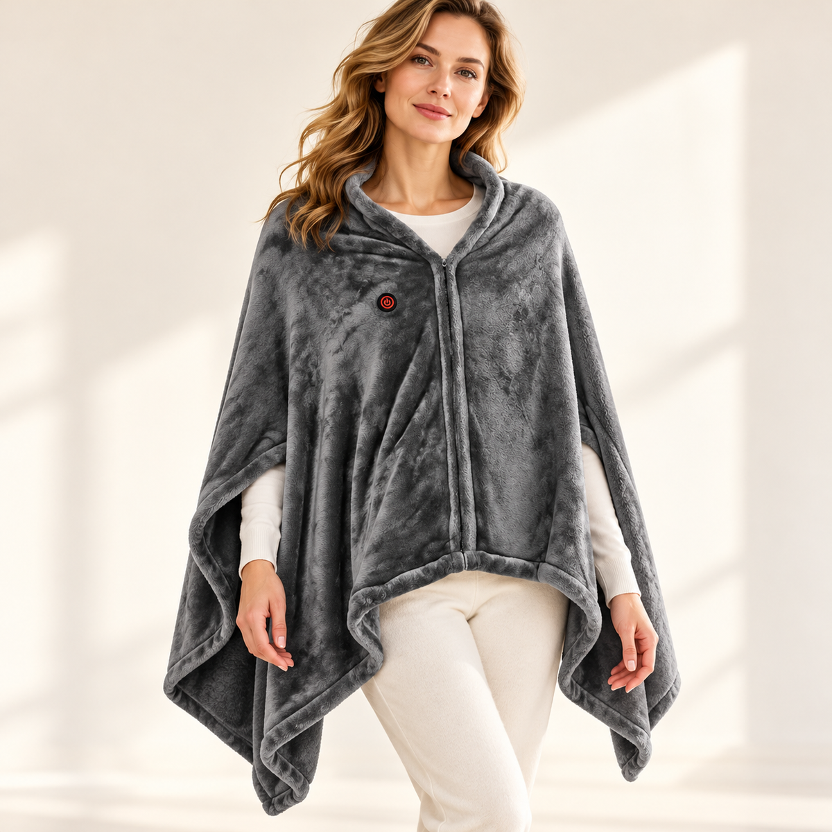 LYVRA WärmeNest™ in Grau – weich fallender Velours-Poncho mit Frontreißverschluss und Heizknopf