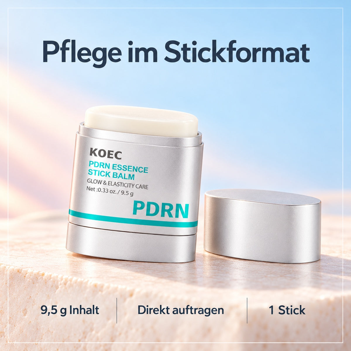 Geöffneter KOEC Gesichtspflege-Stick mit Schutzkappe und Angaben zu 9,5 g Inhalt und Anwendung.