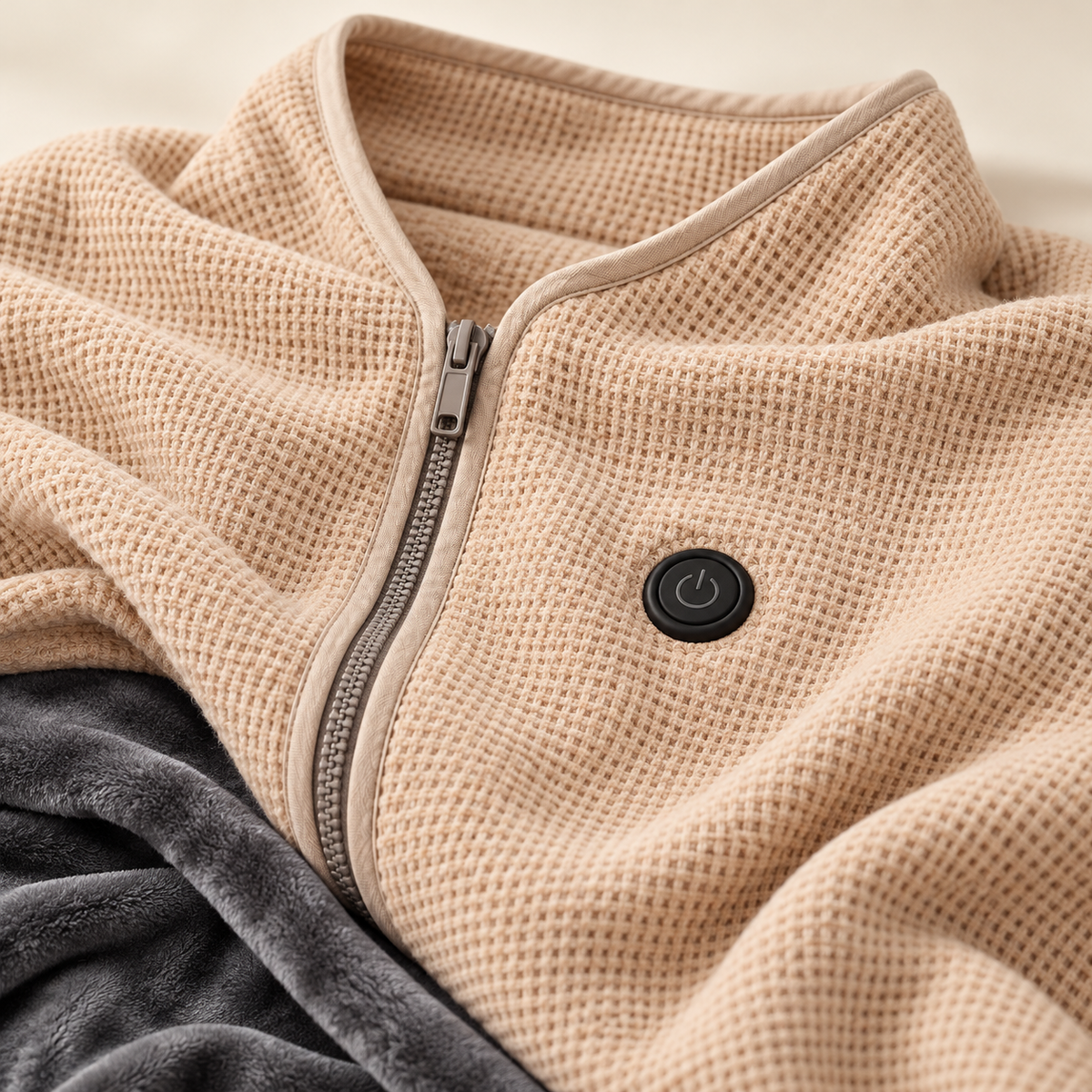 LYVRA WärmeNest™ Detailaufnahme – beige Waffelstruktur, Reißverschluss und runder Heizknopf mit grauem Veloursstoff