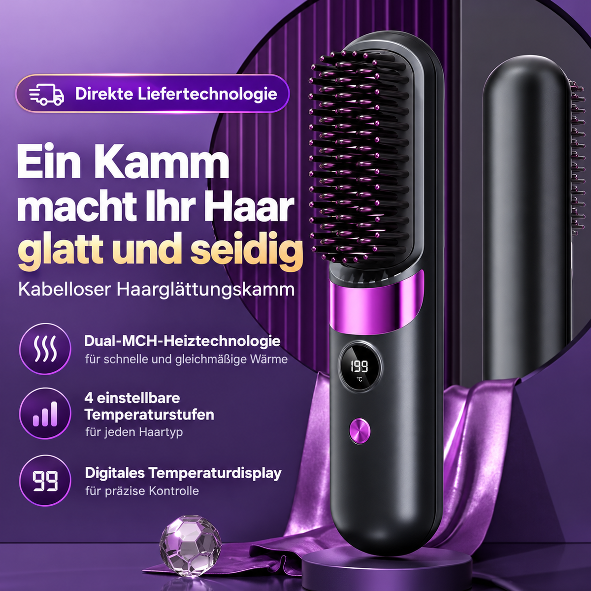 LYVRA SilkGlide | Kabellose Glättbürste mit Display