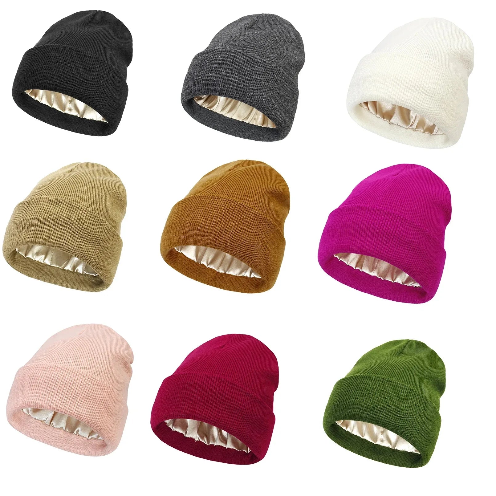 Unisex LYVRA Satin Beanie Mütze in Schwarz und Karamell, von Paar getragen