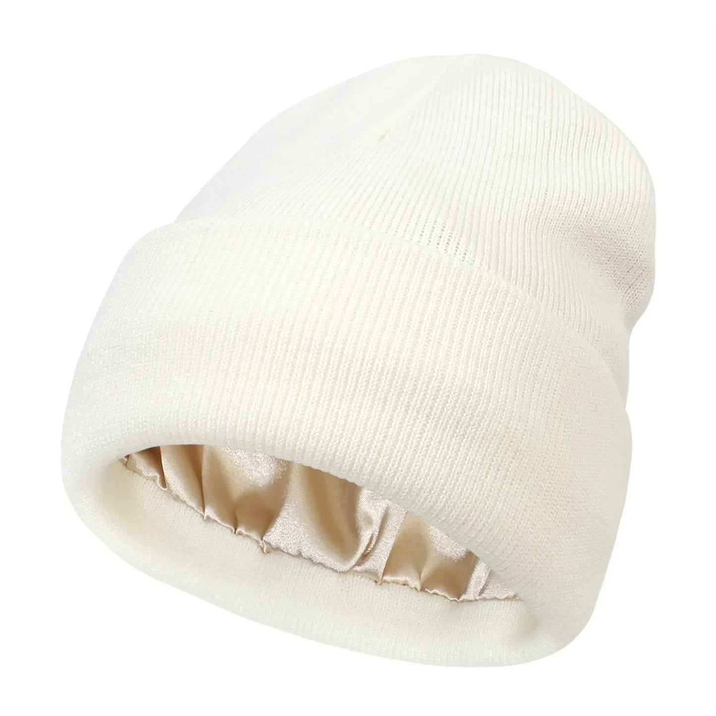 Khaki LYVRA Beanie und Nahaufnahme des Satin-Innenfutters