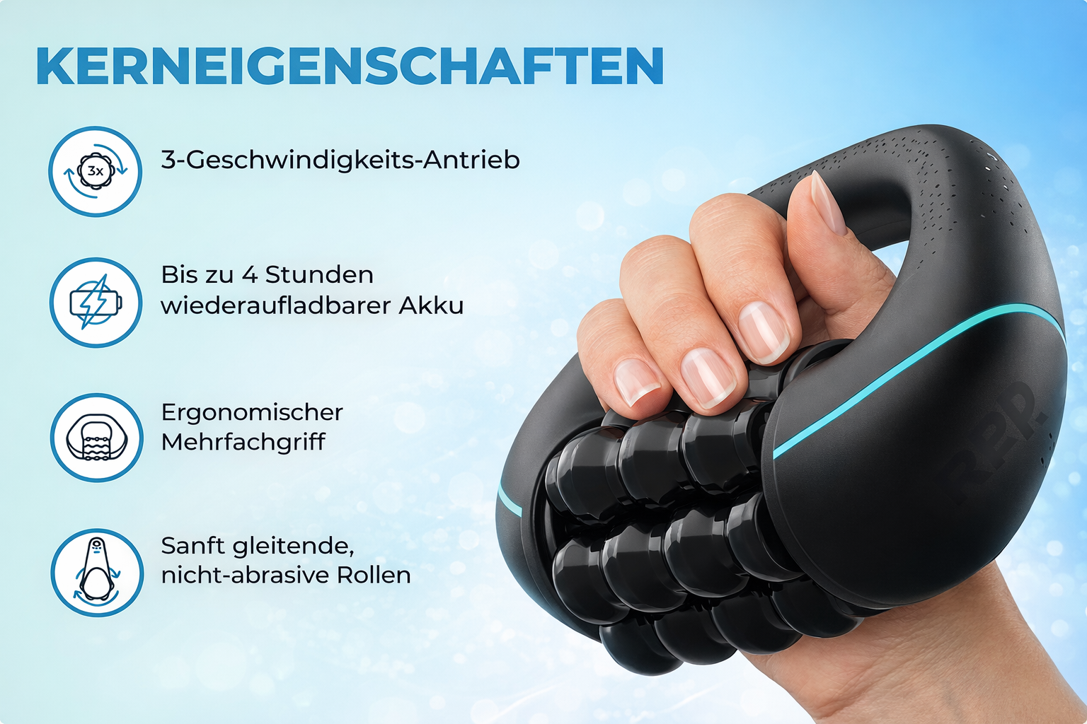 Lyvra Massagegerät mit sechs freidrehenden Massage-Stangen und 24 individuellen Massageknoten für tiefe Muskelentspannung