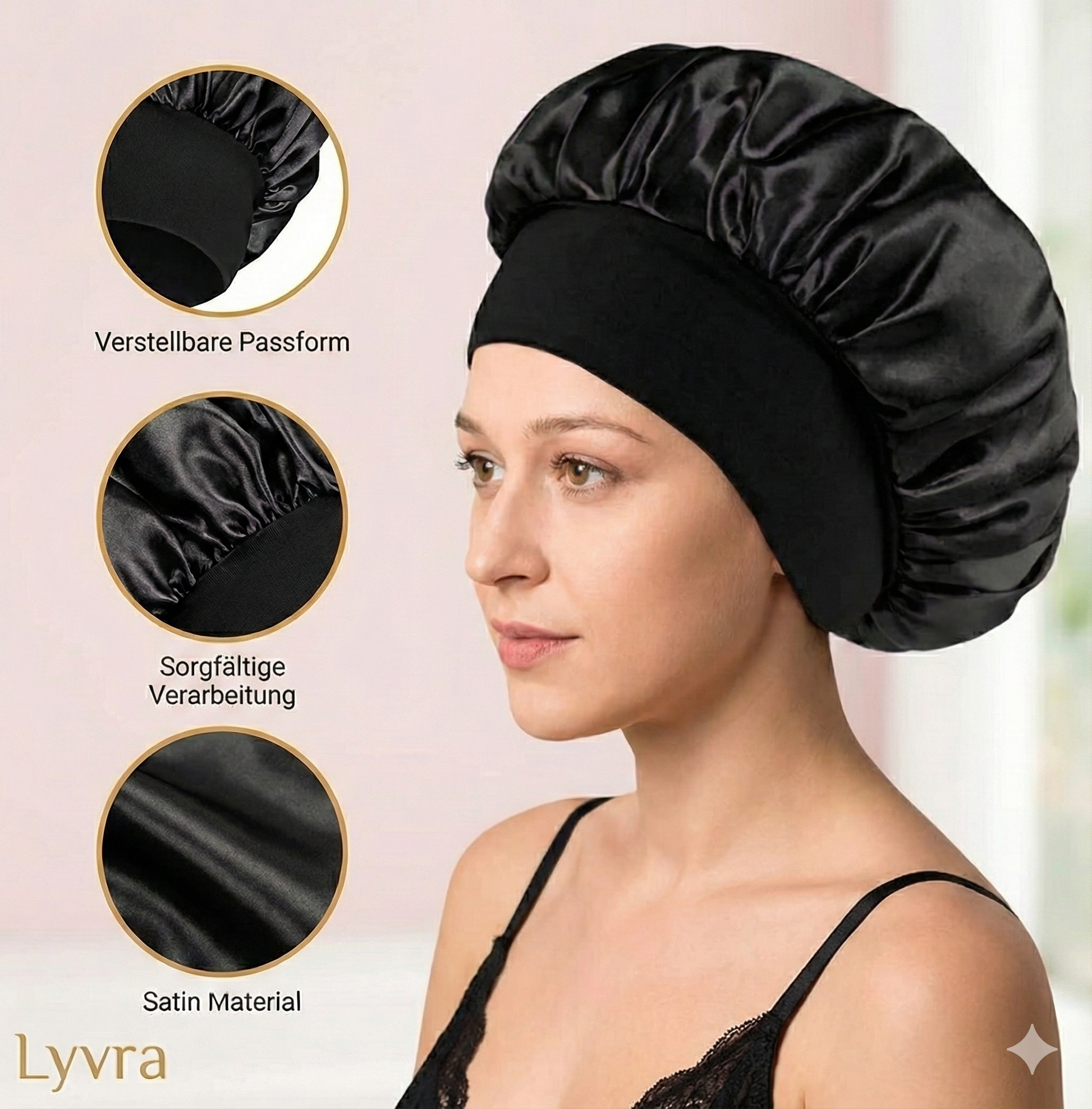 Lyvra Satin Bonnet Schwarz – Verstellbare Passform & Sorgfältige Verarbeitung