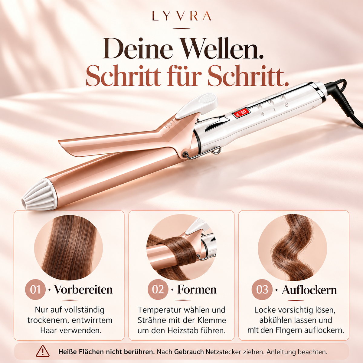 Anleitung für LYVRA CurlEase 32: Haare vorbereiten, Locken formen und abkühlen lassen