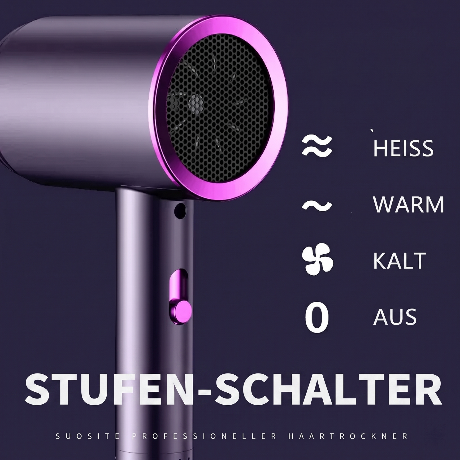 Ionen-Haartrockner Pro Stufenschalter mit Einstellungen für Heiß, Warm, Kalt und Aus.