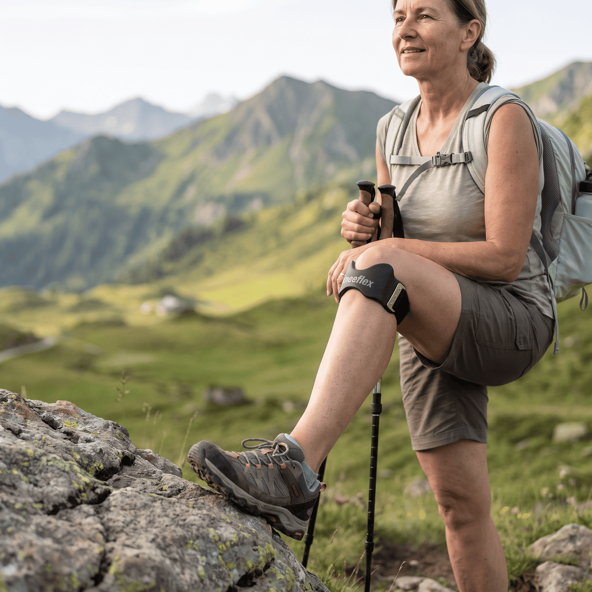 Wanderin mit KneeFit Patellaband unter der Wanderhose in den Bergen