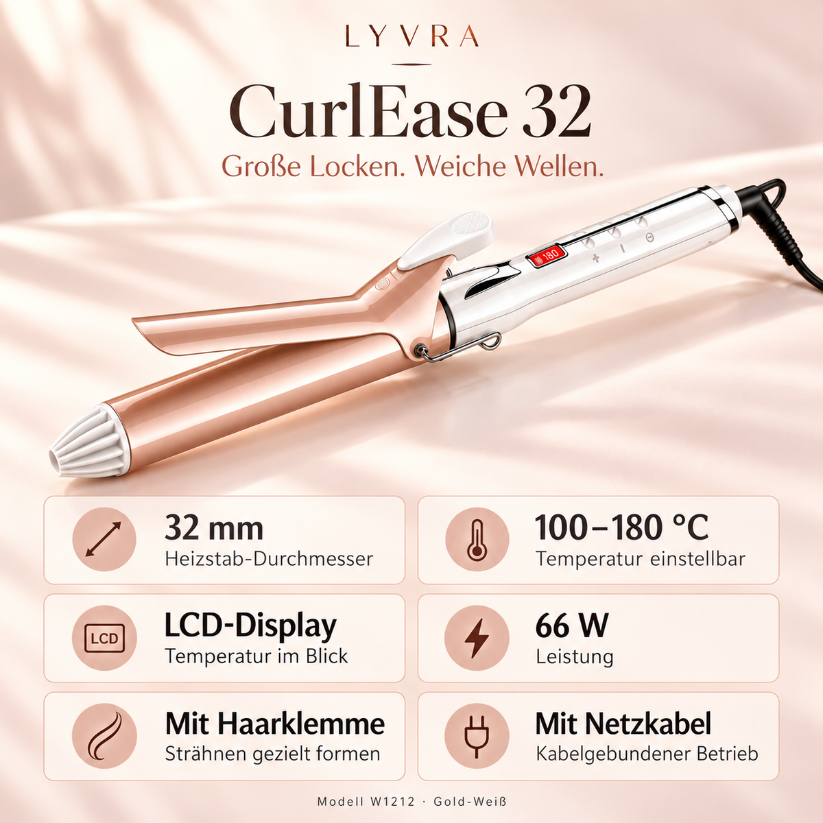 LYVRA CurlEase 32 Lockenstab in Gold-Weiß mit LCD-Display und technischen Produktdetails