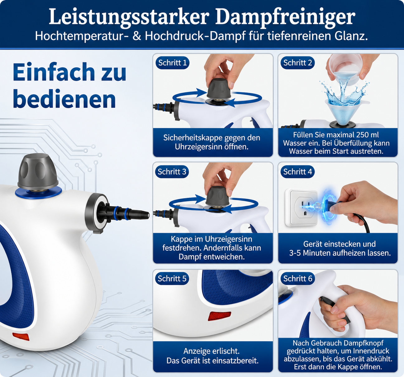 Lyvra Dampfreiniger Anleitung mit Schritt-für-Schritt Bedienung zum Befüllen, Aufheizen und sicheren Verwenden