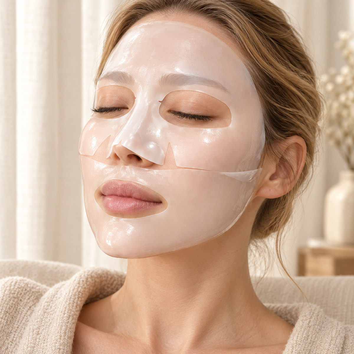 LYVRA HydroSkin – Frau mit einer zweiteiligen transparenten Hydrogel-Gesichtsmaske