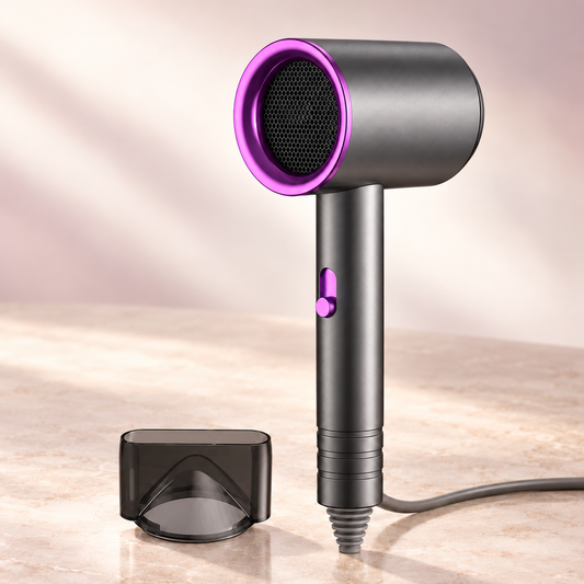 Ionen-Haartrockner Pro in Graphitgrau mit violettem Rand, Stylingdüse und Stromkabel
