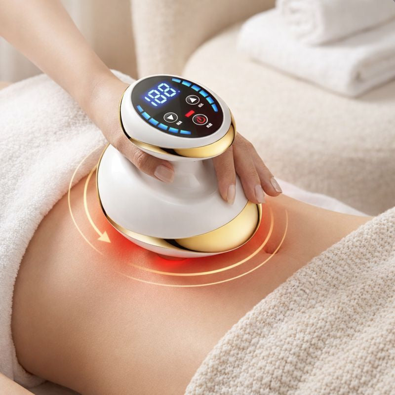 Lyvra Premium Massagegerät im eleganten rot-weißen Design mit LED-Anzeige