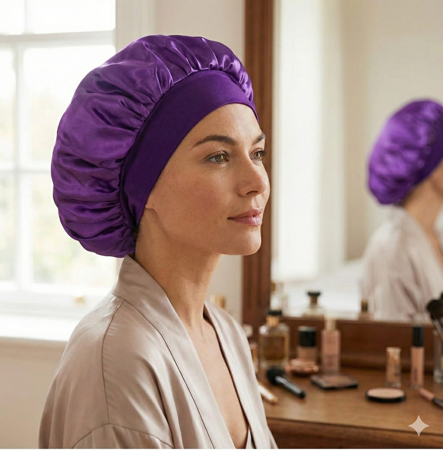 Lyvra Premium Satin Schlafhaube – Elegantes Bonnet für Haarschutz und Anti-Frizz-Effekt im Schlaf, präsentiert in luxuriöser Umgebung.