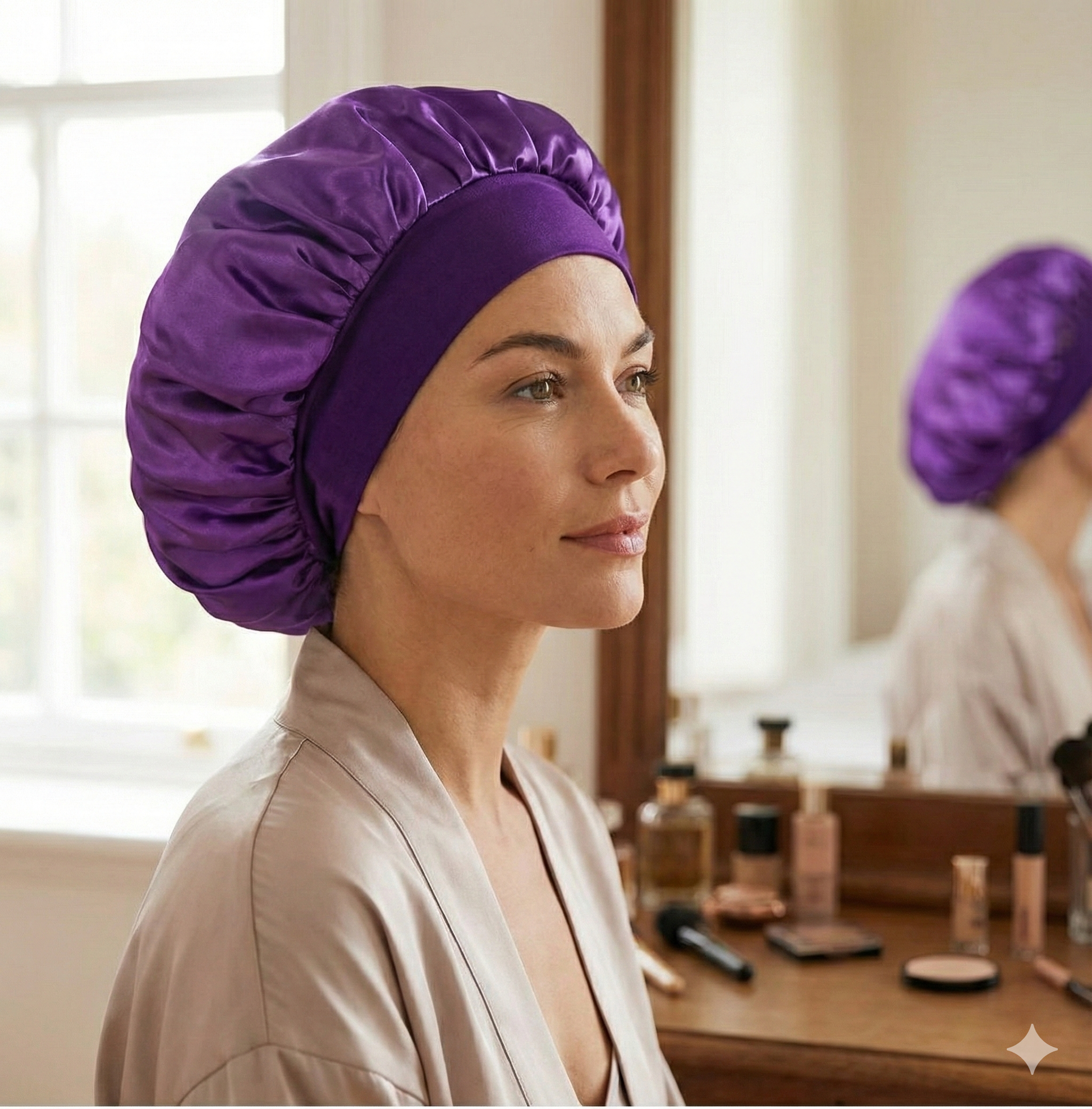 Lyvra Premium Satin Schlafhaube – Elegantes Bonnet für Haarschutz und Anti-Frizz-Effekt im Schlaf, präsentiert in luxuriöser Umgebung.