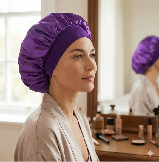 Lyvra Premium Satin Schlafhaube – Elegantes Bonnet für Haarschutz und Anti-Frizz-Effekt im Schlaf, präsentiert in luxuriöser Umgebung.