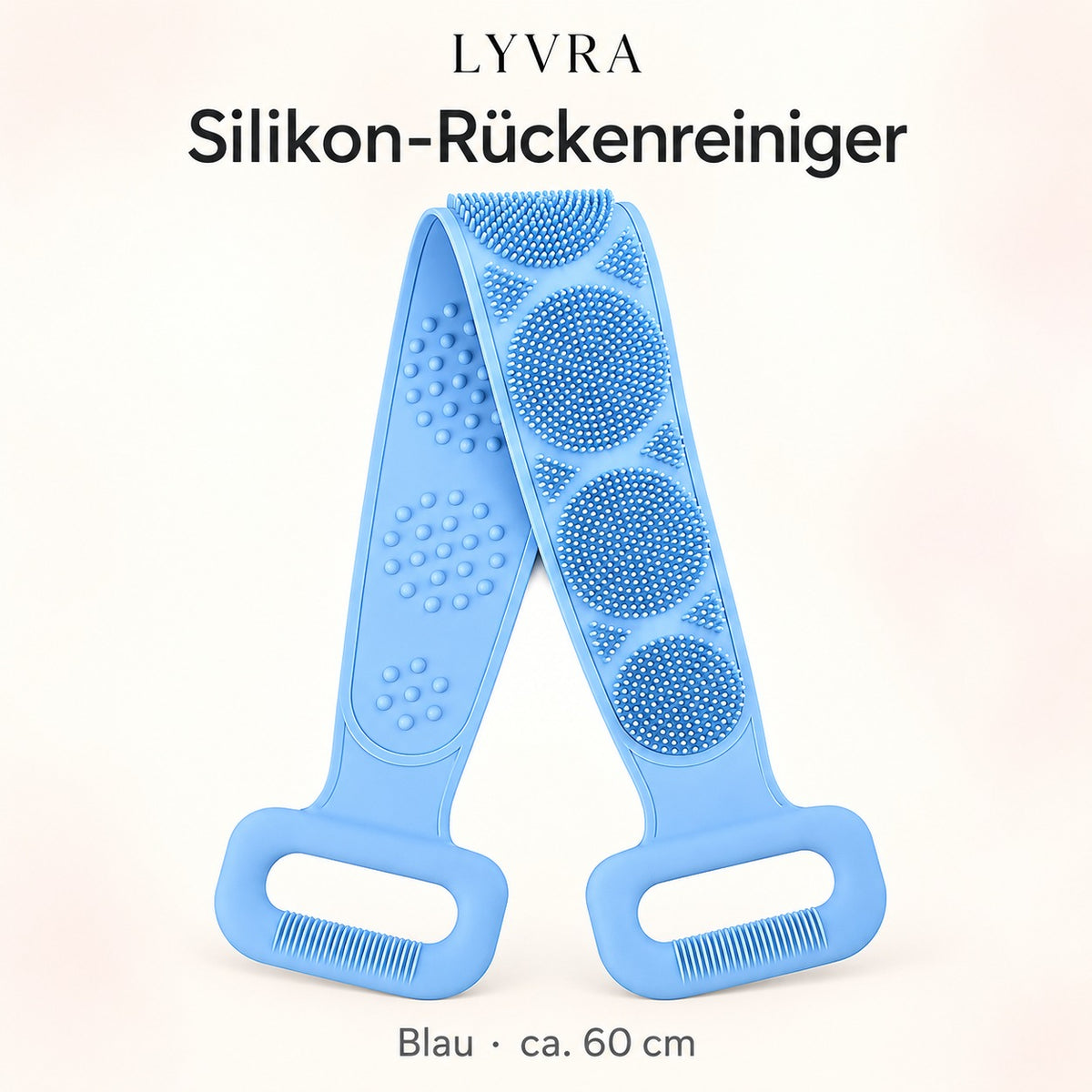 LYVRA Silikon-Rückenreiniger in Blau mit zwei Griffschlaufen und strukturierten Silikonoberflächen, ca. 60 cm