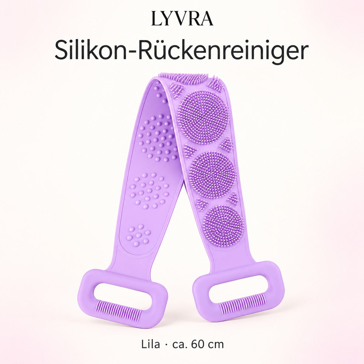LYVRA Silikon-Rückenreiniger in Lila mit zwei Griffschlaufen und strukturierten Silikonoberflächen, ca. 60 cm