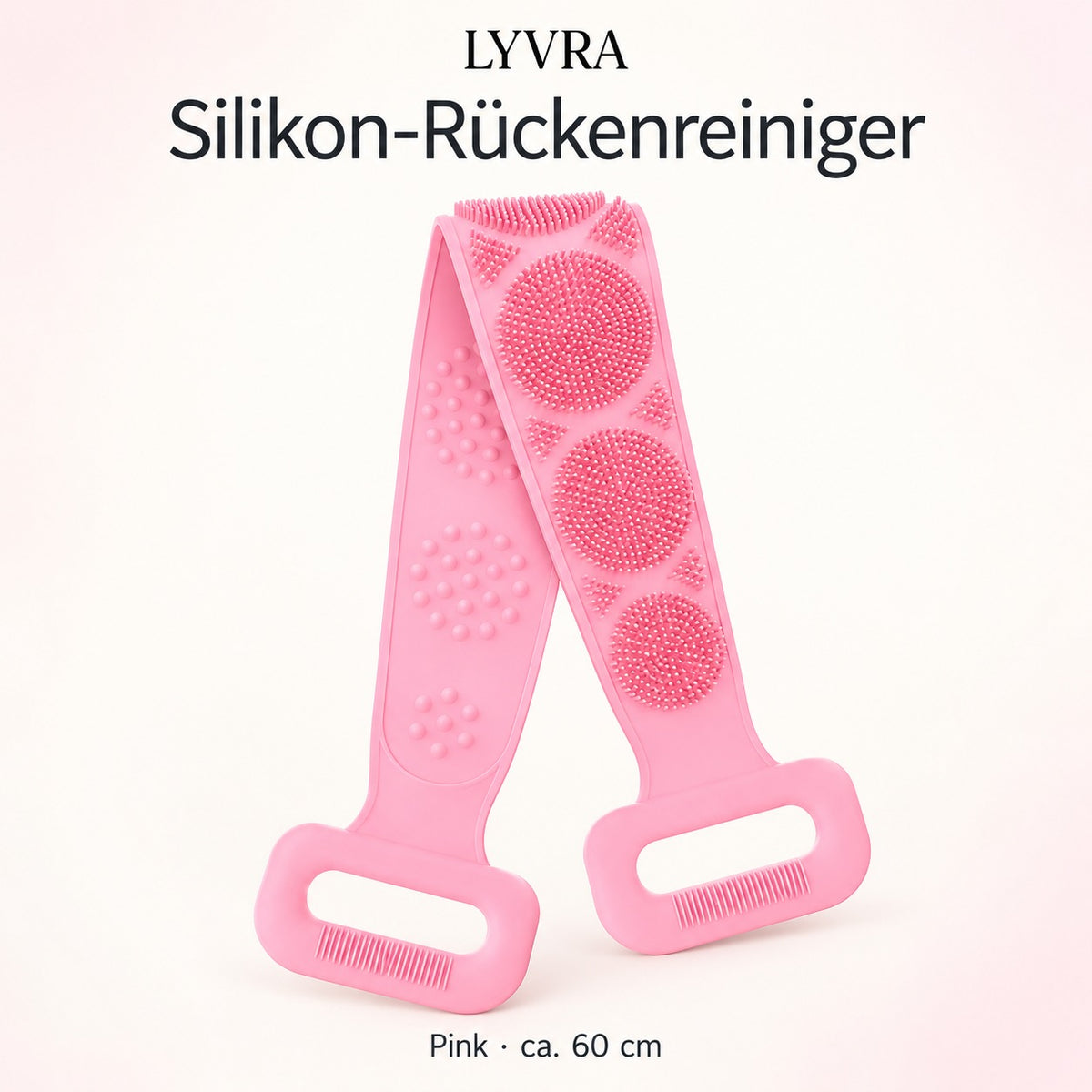 LYVRA Silikon-Rückenreiniger in Pink mit zwei Griffschlaufen und strukturierten Silikonoberflächen, ca. 60 cm