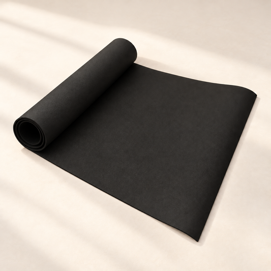 LYVRA Yogamatte in Schwarz – eine strukturierte Matte mit teilweise aufgerolltem Ende